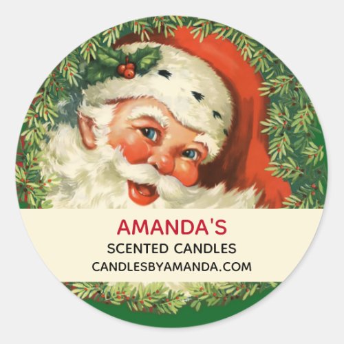Vintage Santa Claus with Pine Wreath Business Classic Round Sticker