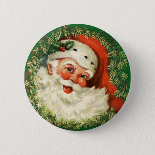 Vintage Santa Claus with Pine Wreath Button