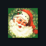 Vintage Santa Claus with Pine Wreath Canvas Print<br><div class="desc">Canvas print with a retro image featuring a smiling happy Santa Claus surrounded by a pine wreath with a sprig of holly in his cap.</div>