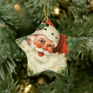 Vintage Santa Claus with Pine Wreath Ceramic Ornament