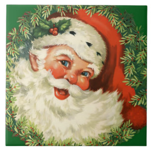 Vintage Santa Claus with Pine Wreath Ceramic Tile