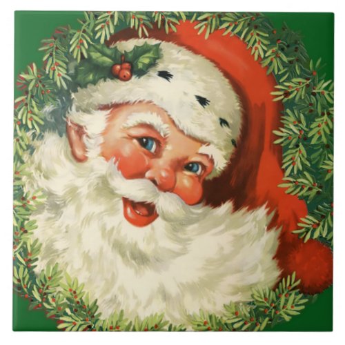 Vintage Santa Claus with Pine Wreath Ceramic Tile