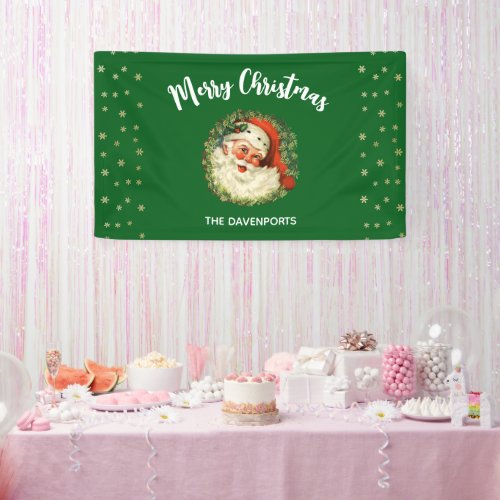 Vintage Santa Claus with Pine Wreath Christmas Banner
