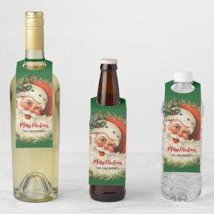 Vintage Santa Claus with Pine Wreath Christmas Bottle Hanger Tag