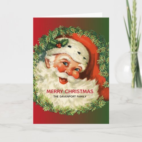 Vintage Santa Claus with Pine Wreath Christmas Card