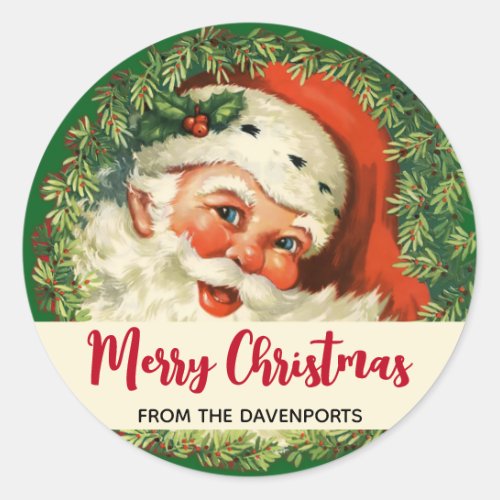 Vintage Santa Claus with Pine Wreath Christmas Classic Round Sticker