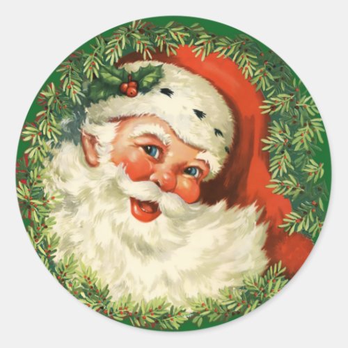 Vintage Santa Claus with Pine Wreath Christmas Classic Round Sticker