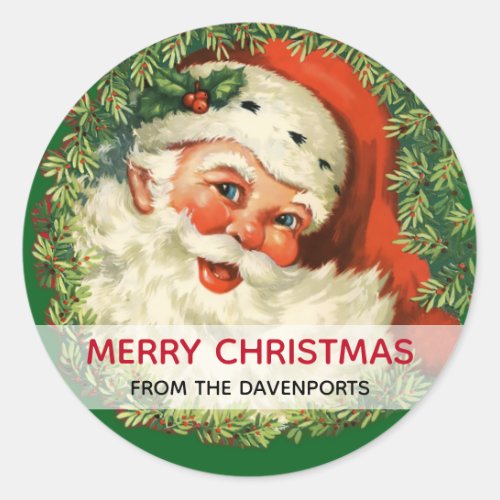 Vintage Santa Claus with Pine Wreath Christmas Classic Round Sticker