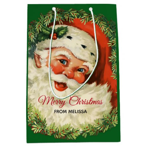 Vintage Santa Claus with Pine Wreath Christmas Medium Gift Bag