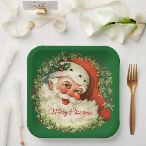 Vintage Santa Claus with Pine Wreath Christmas Paper Plates