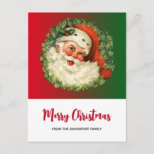 Vintage Santa Claus with Pine Wreath Christmas Postcard