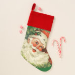 Vintage Santa Claus with Pine Wreath Christmas Stocking<br><div class="desc">Christmas stocking with a retro image featuring a smiling happy Santa Claus surrounded by a pine wreath with a sprig of holly in his cap.</div>