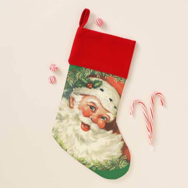Vintage Santa Claus with Pine Wreath Christmas Stocking (Front)