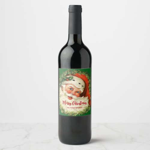 Vintage Santa Claus with Pine Wreath Christmas Wine Label