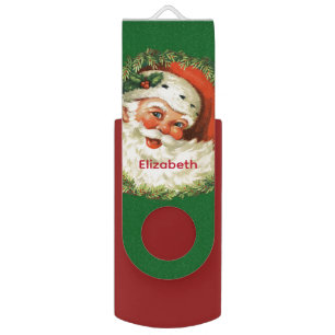 Vintage Santa Claus with Pine Wreath Flash Drive