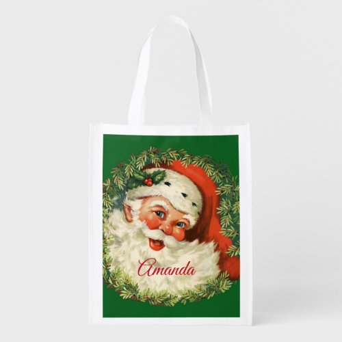 Vintage Santa Claus with Pine Wreath Grocery Bag