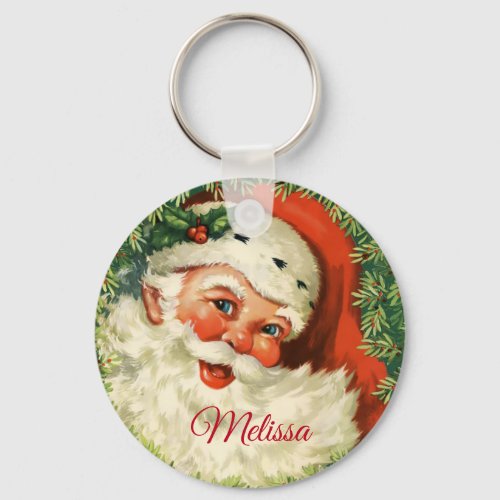 Vintage Santa Claus with Pine Wreath Keychain
