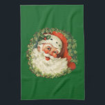 Vintage Santa Claus with Pine Wreath Kitchen Towel<br><div class="desc">A kitchen towel with a retro image featuring a smiling happy Santa Claus surrounded by a pine wreath with a sprig of holly in his cap.</div>