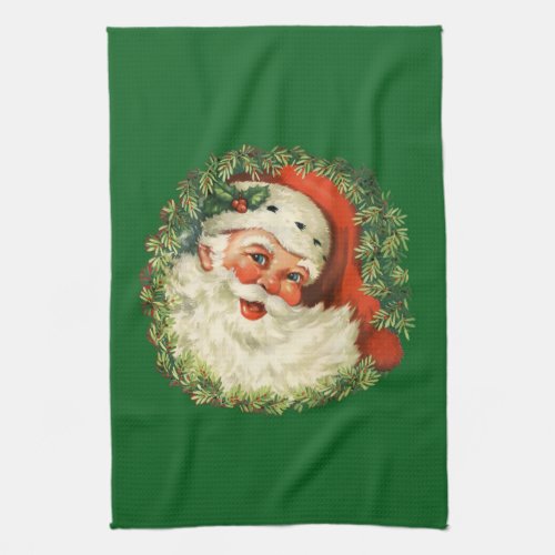 Vintage Santa Claus with Pine Wreath Kitchen Towel