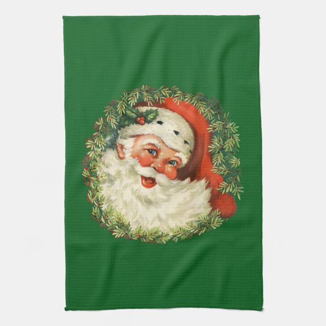 Vintage Santa Claus with Pine Wreath Kitchen Towel (Vertical)
