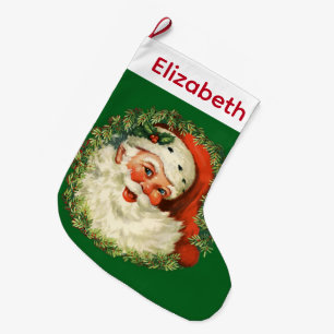 Vintage Santa Claus with Pine Wreath Large Christmas Stocking