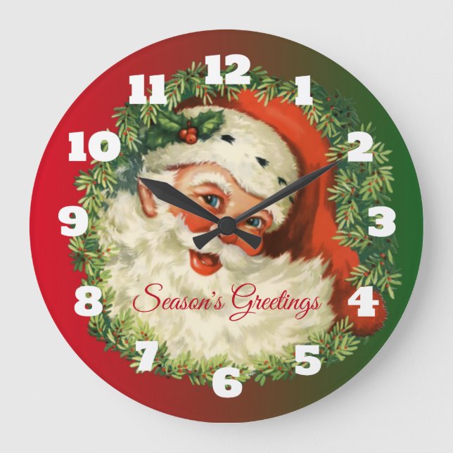 Vintage Santa Claus with Pine Wreath Large Clock (Front)
