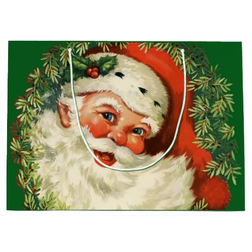 Vintage Santa Claus with Pine Wreath Large Gift Bag