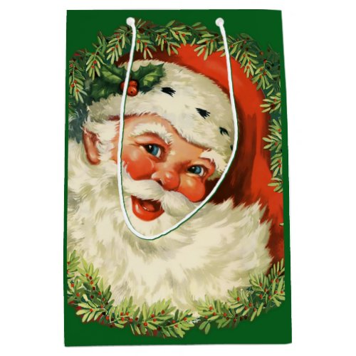Vintage Santa Claus with Pine Wreath Medium Gift Bag