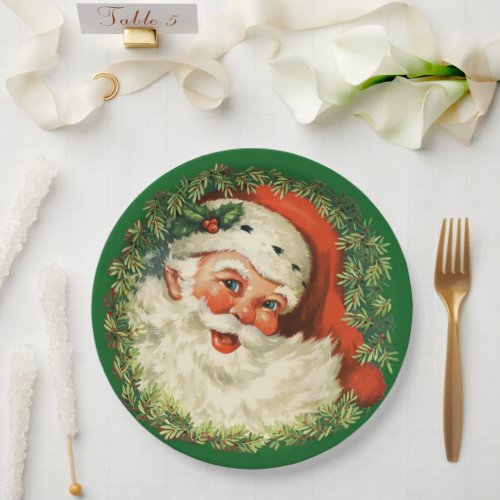 Vintage Santa Claus with Pine Wreath Paper Plates