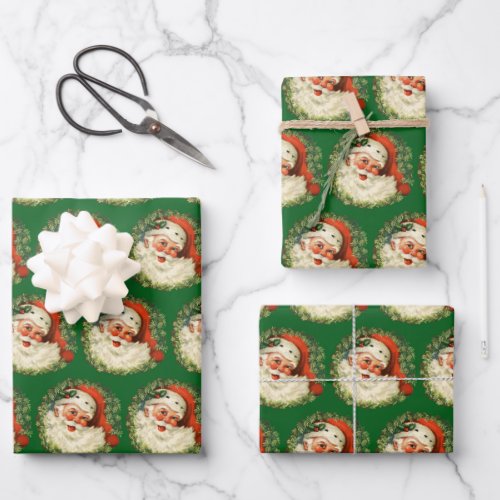 Vintage Santa Claus with Pine Wreath Pattern Wrapping Paper Sheets