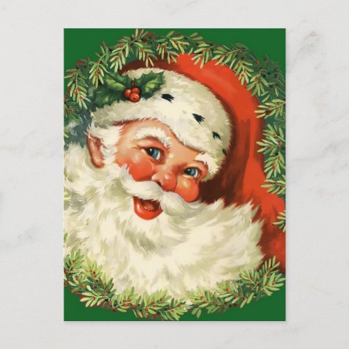 Vintage Santa Claus with Pine Wreath Postcard