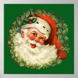 Vintage Santa Claus with Pine Wreath Poster<br><div class="desc">Poster with a retro image featuring a smiling happy Santa Claus surrounded by a pine wreath with a sprig of holly in his cap.</div>