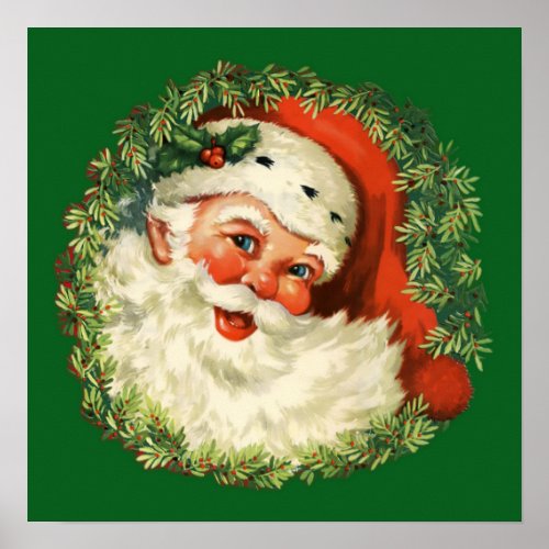 Vintage Santa Claus with Pine Wreath Poster