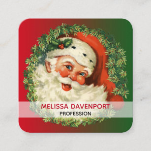 Vintage Santa Claus with Pine Wreath Square Business Card