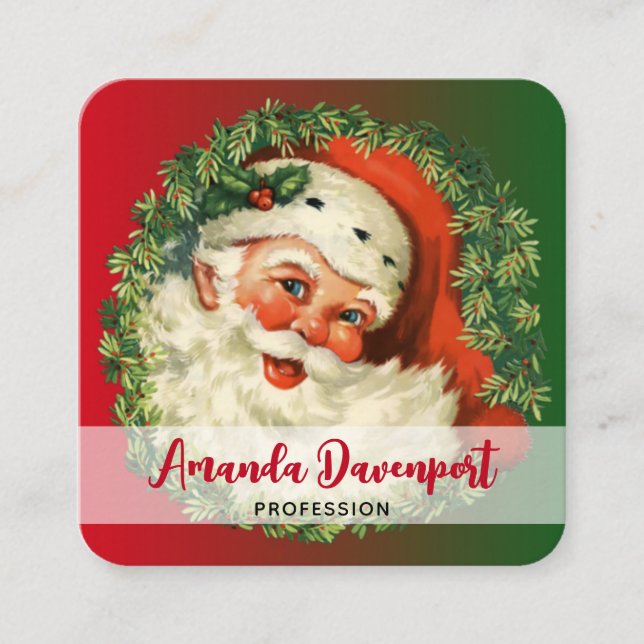 Vintage Santa Claus with Pine Wreath Square Business Card (Front)