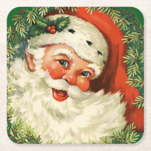 Vintage Santa Claus with Pine Wreath Square Paper Coaster