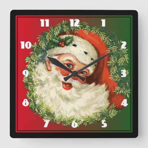 Vintage Santa Claus with Pine Wreath Square Wall Clock