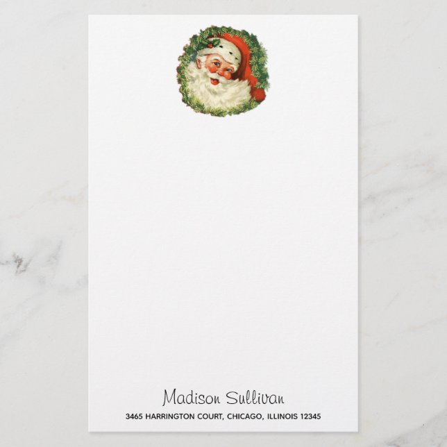 Vintage Santa Claus with Pine Wreath Stationery (Front)