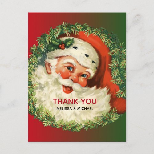 Vintage Santa Claus with Pine Wreath Thank You Postcard