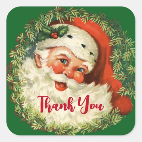 Vintage Santa Claus with Pine Wreath Thank You Square Sticker