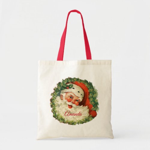 Vintage Santa Claus with Pine Wreath Tote Bag