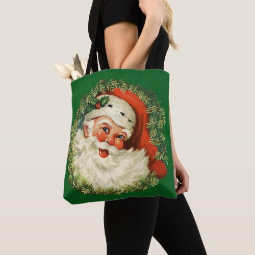 Vintage Santa Claus with Pine Wreath Tote Bag