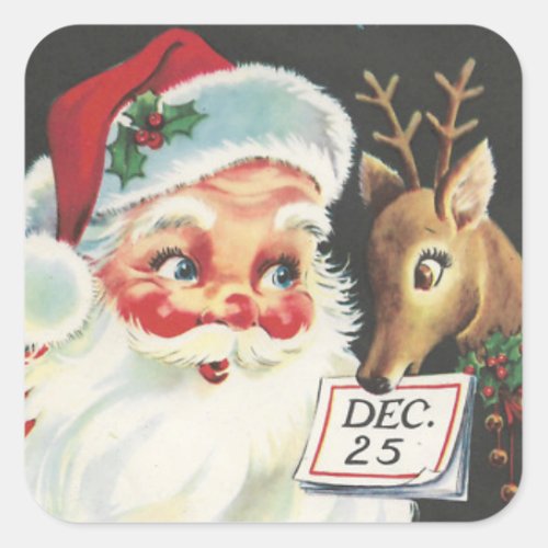 Vintage Santa Claus With Reindeer On 25th Square Sticker