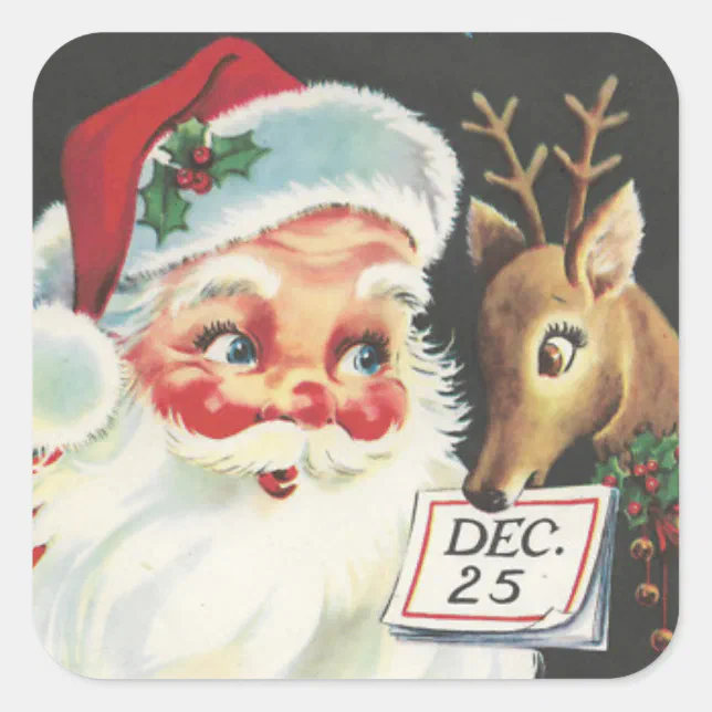 Vintage Santa Claus With Reindeer On 25th Square Sticker | Zazzle