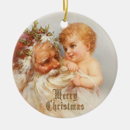 Vintage Santa Claus with Smiling Child Ceramic Ornament