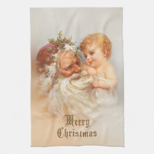 Vintage Santa Claus with Smiling Child Kitchen Towel