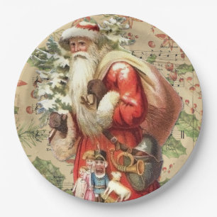Vintage Santa Claus with Toys and Christmas Tree Paper Plates