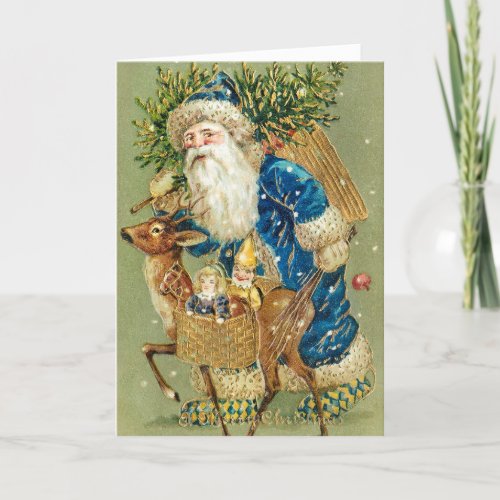 Vintage Santa Clause and Reindeer Christmas Card
