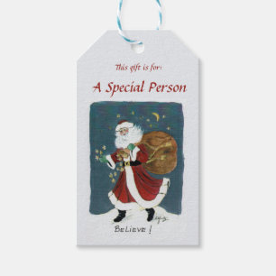 Vintage Santa Clause Watercolor Drawing Believe Gift Tags