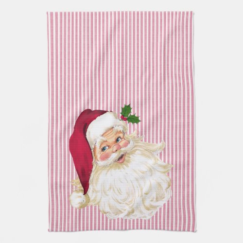 Vintage Santa Cranberry  White Stripe Kitchen Towel